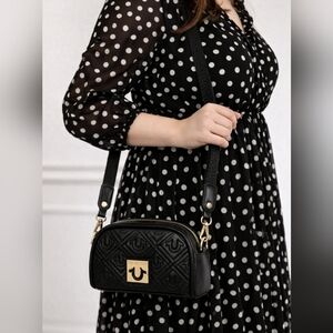 True Religion Quilted Crossbody Bag Black Faux Leather Gold Logo Small Purse NWT